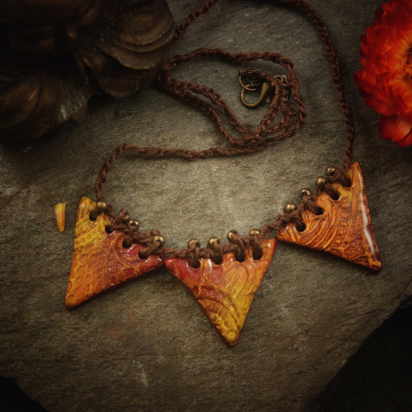 The Lakshmi - in crimson and mandarin - ceramic and hand-beaded crochet necklace