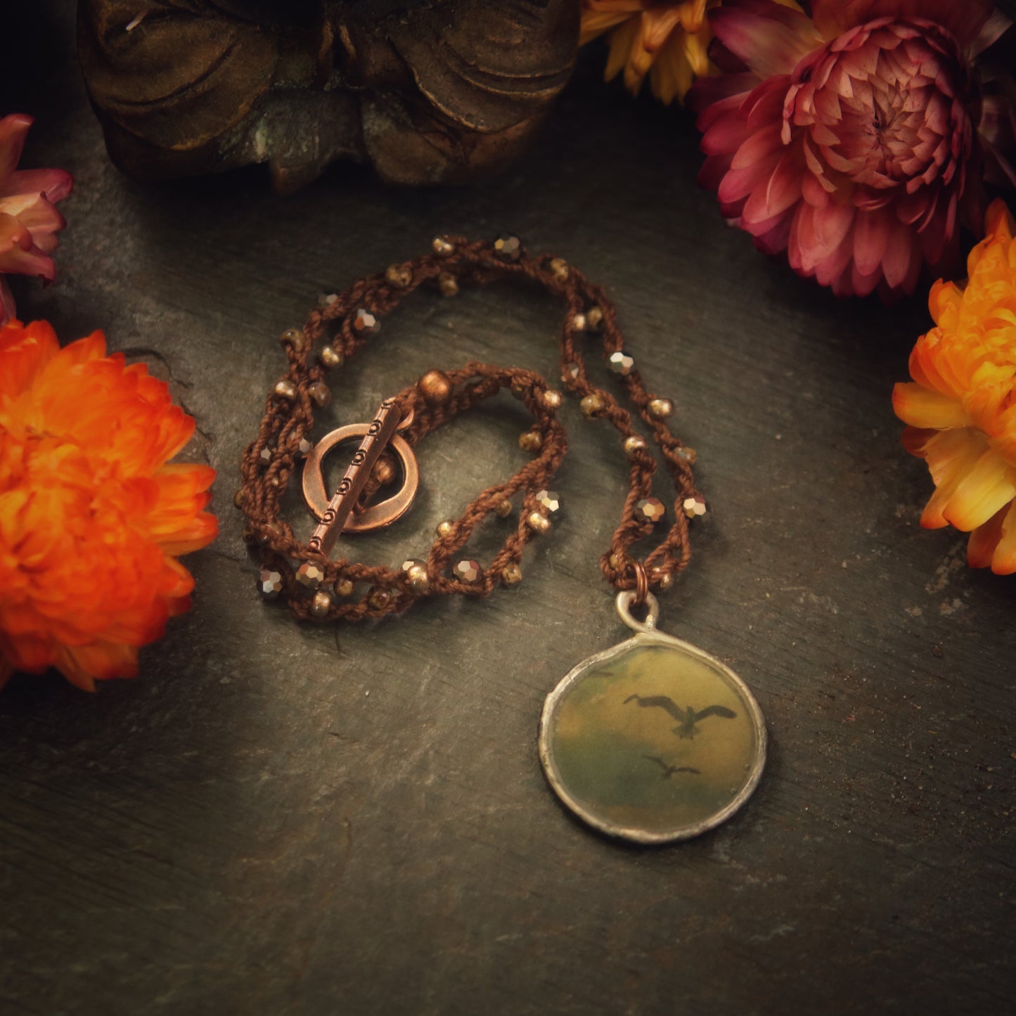 The Flight - pictorial hand-beaded crochet necklace