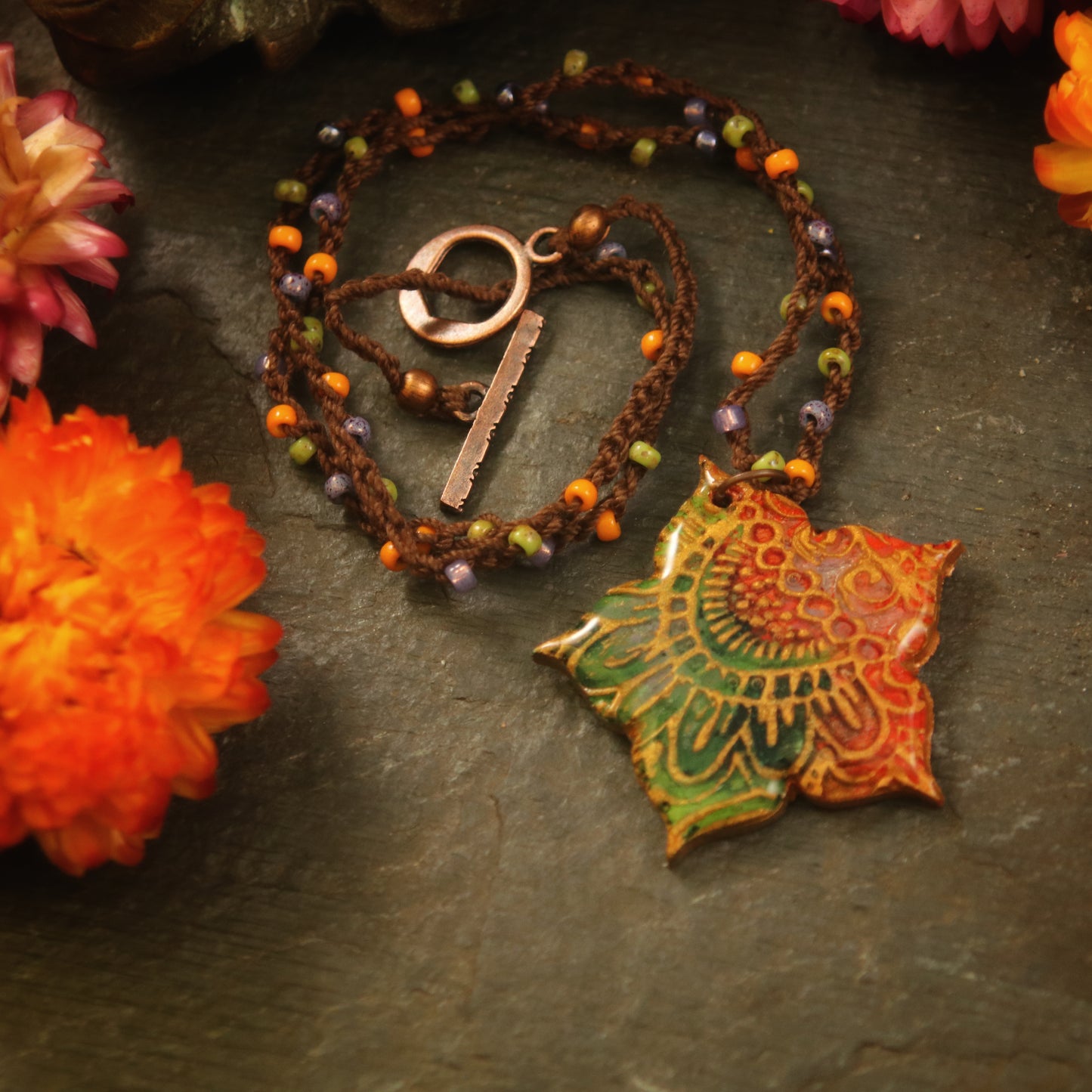 The Thalia - in mandarin and emerald - ceramic and hand-beaded crochet necklace