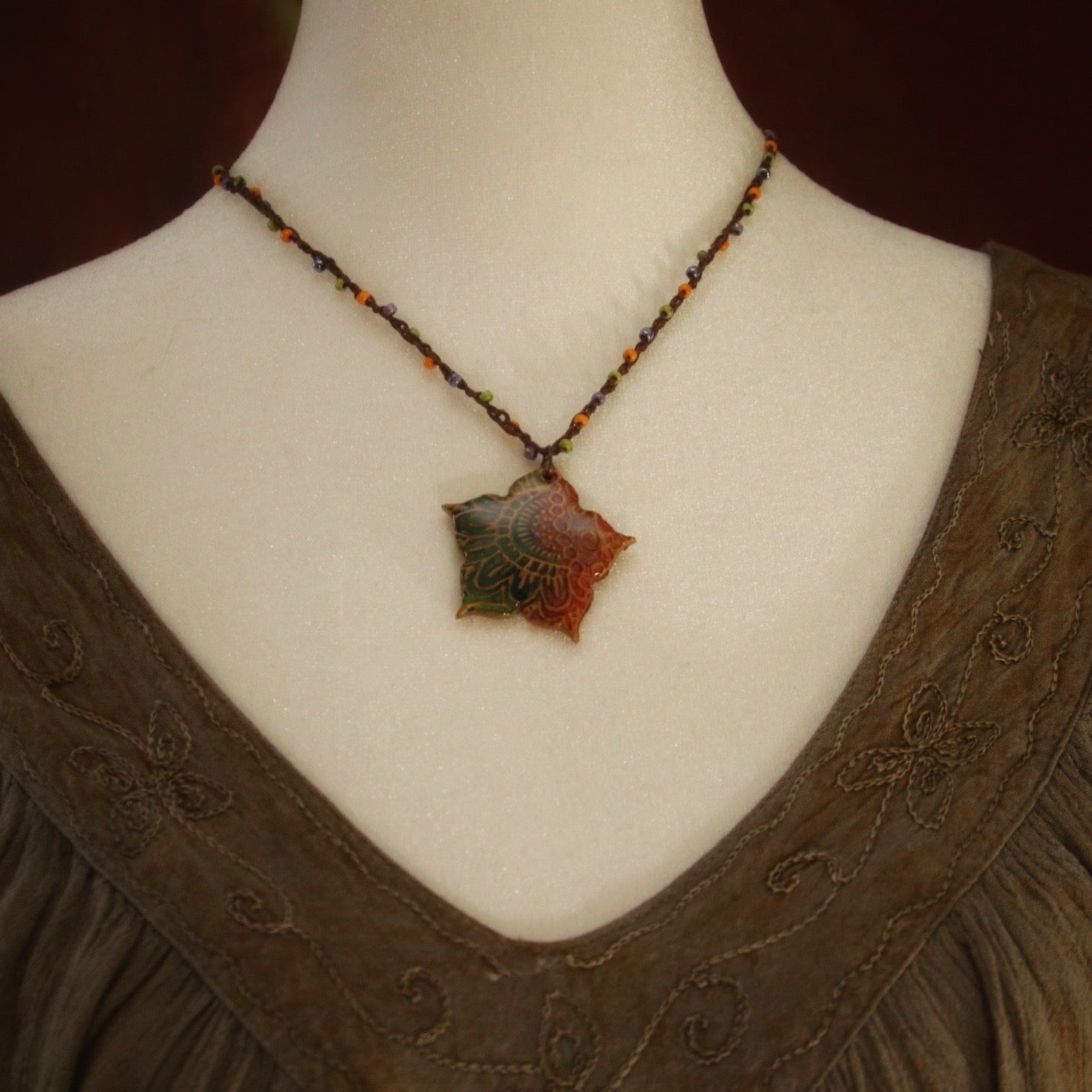 The Thalia - in mandarin and emerald - ceramic and hand-beaded crochet necklace