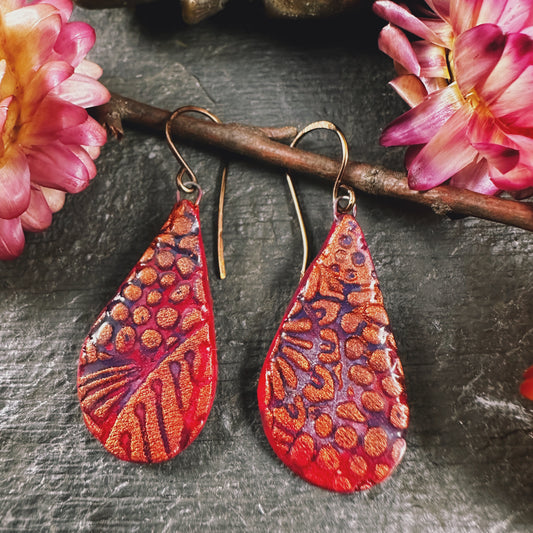 The Estrella - in cinnabar and amber - handmade ceramic teardrop earrings