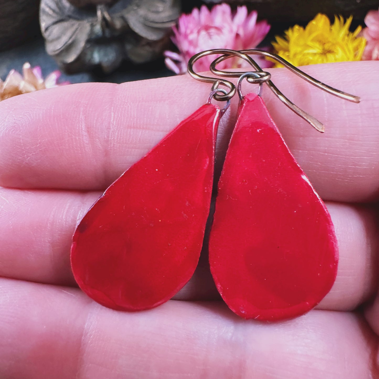 The Estrella - in cinnabar and amber - handmade ceramic teardrop earrings