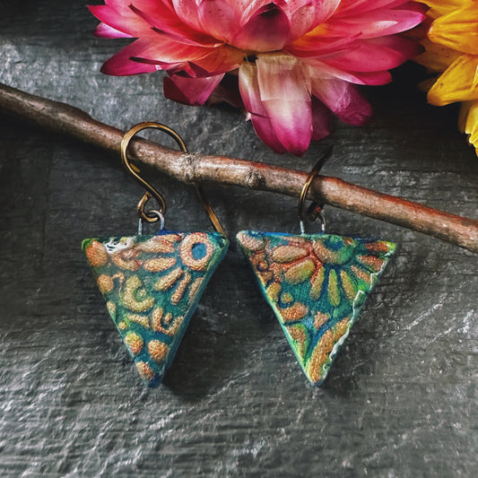 The Catalina - in cinnabar and amber - handmade ceramic triangle earrings