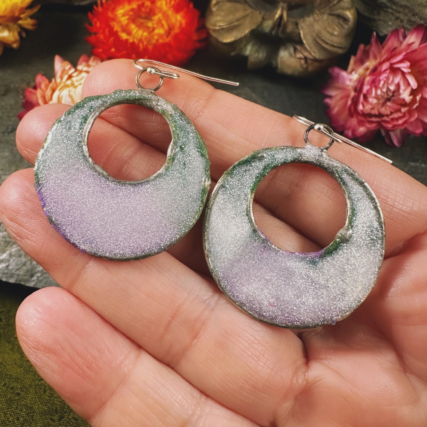 The Damaris - in violet and evergreen - handmade resin earrings