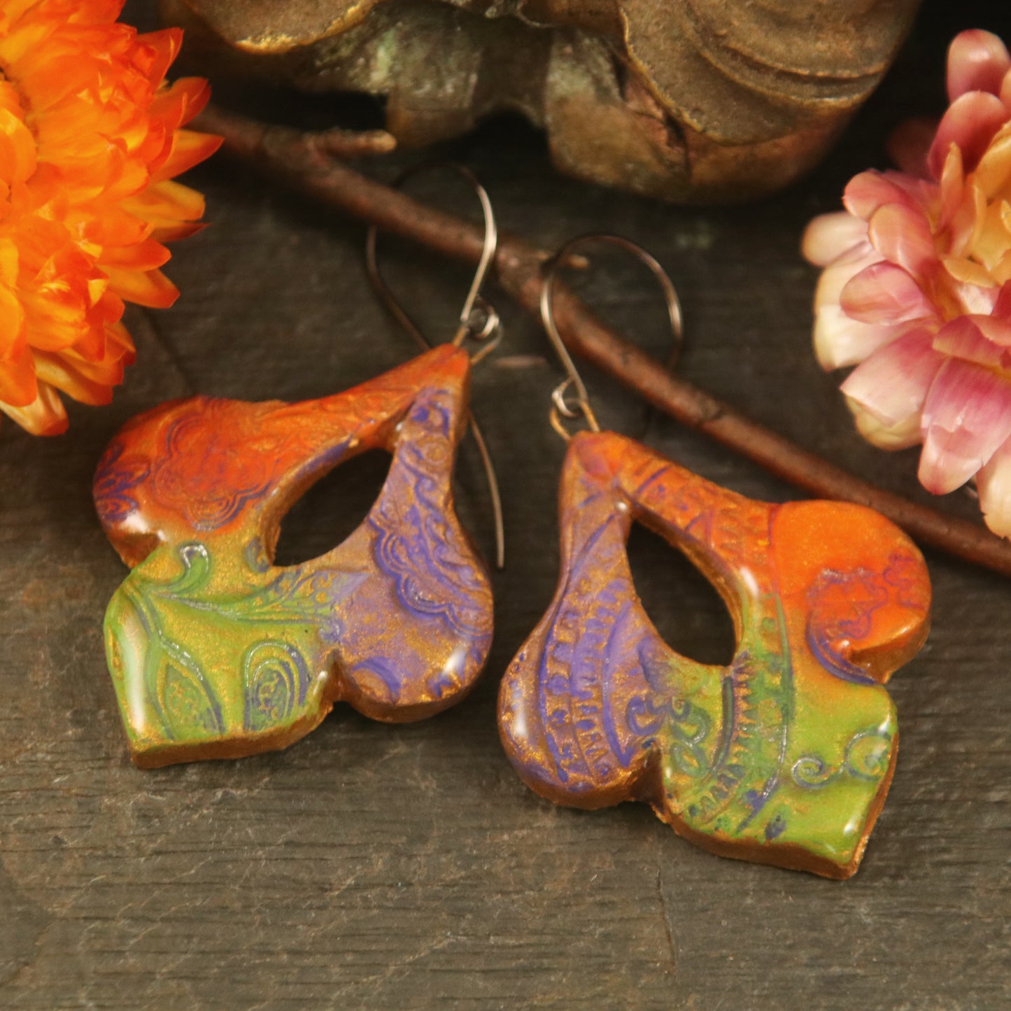 The Bathsheba - in mandarin, violet, and lime - handmade ceramic floral drop earrings