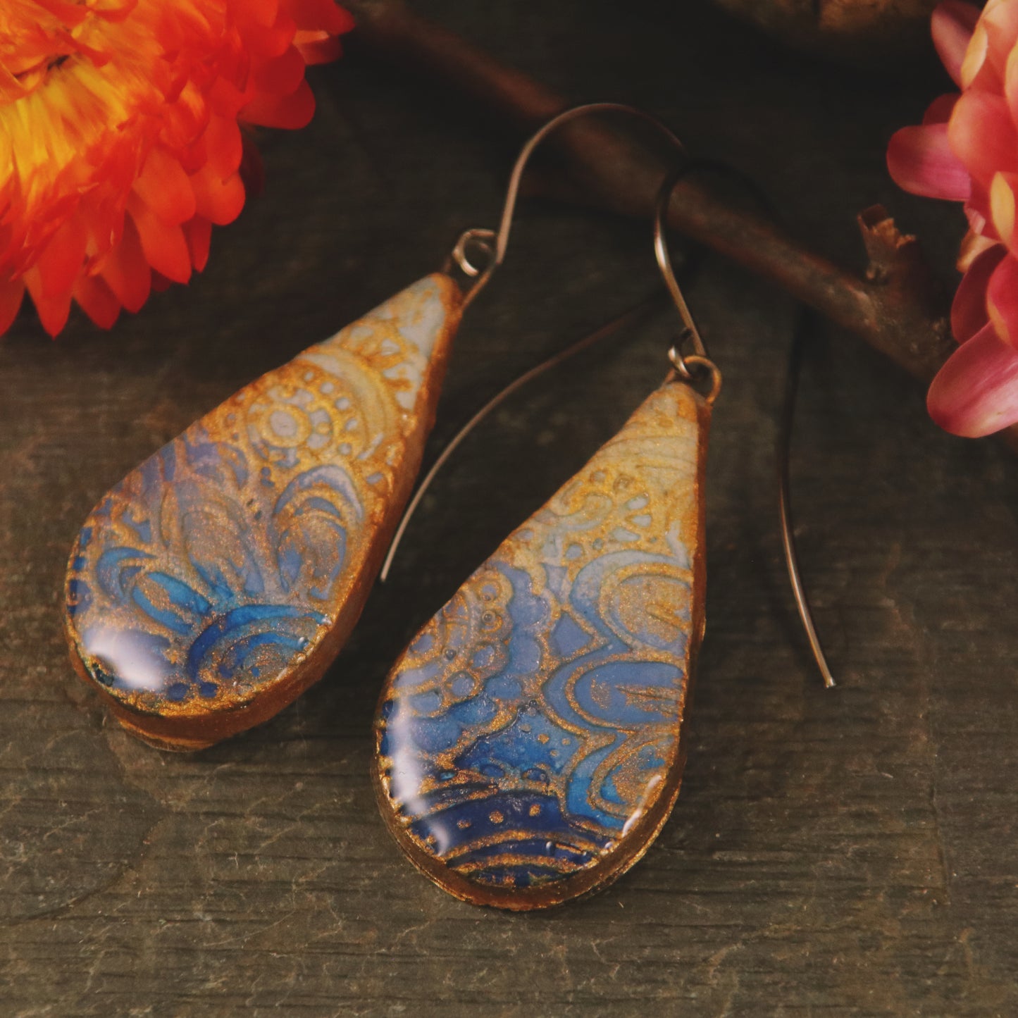 The Estrella - in azure and gold - handmade ceramic teardrop earrings