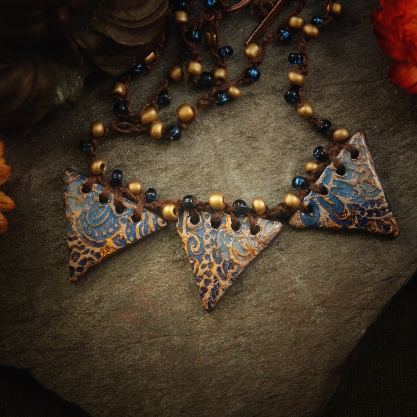 The Lakshmi - in azure and gold - ceramic and hand-beaded crochet necklace