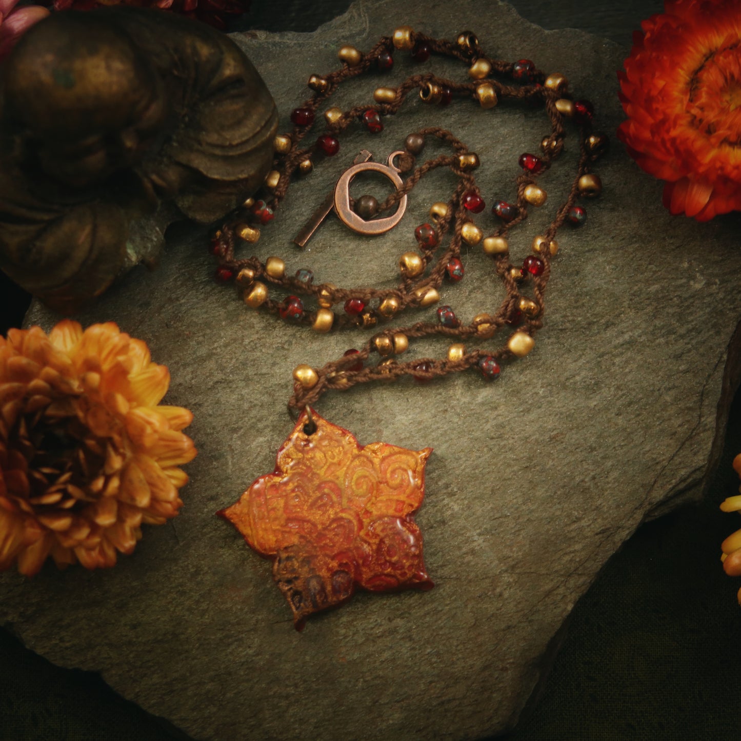 The Thalia - in crimson and paprika - ceramic and hand-beaded crochet necklace