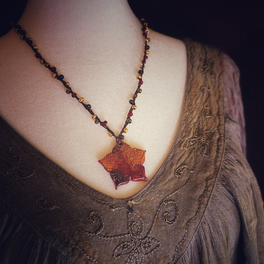 The Thalia - in crimson and paprika - ceramic and hand-beaded crochet necklace