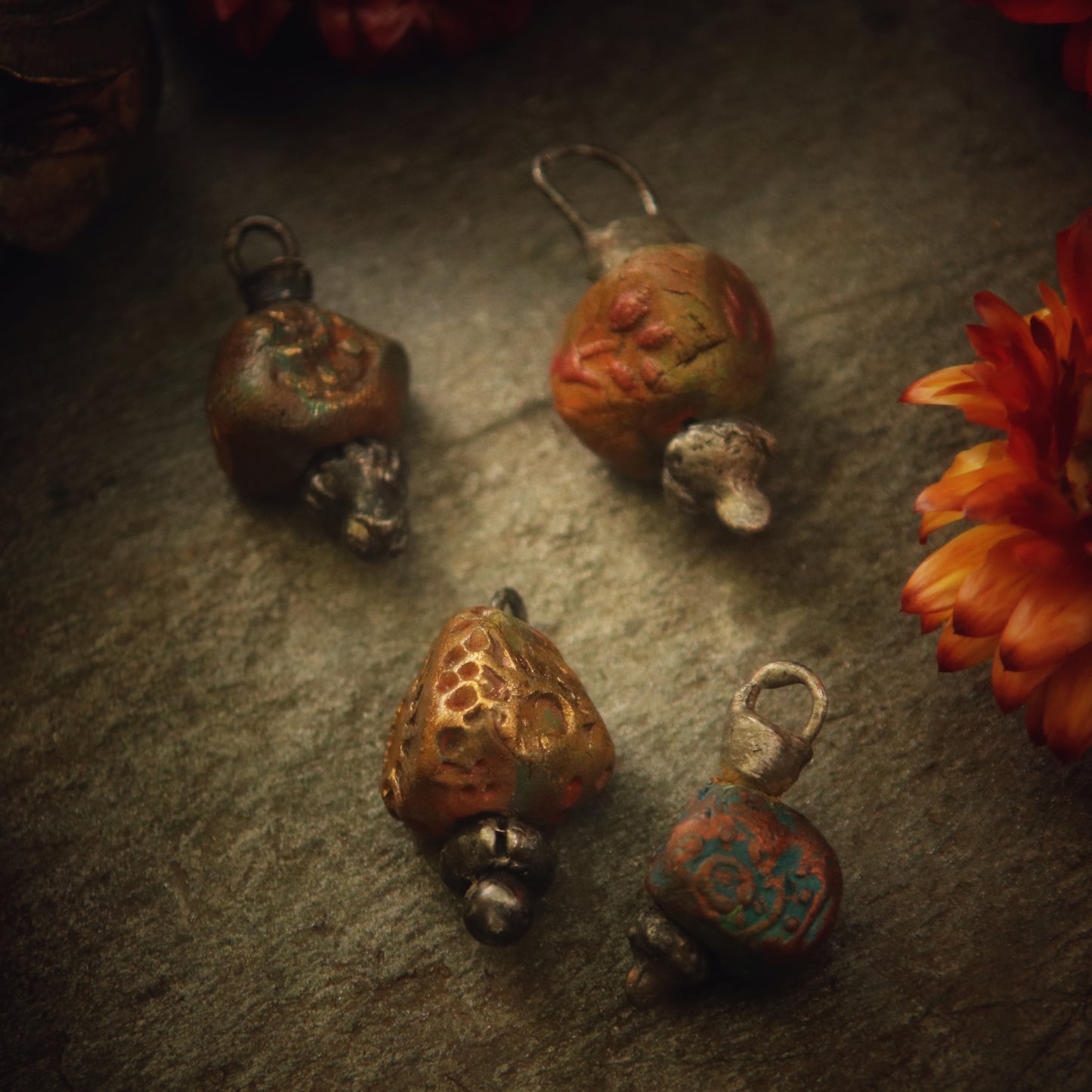 Goblin drops - ceramic and soft soldered dangles