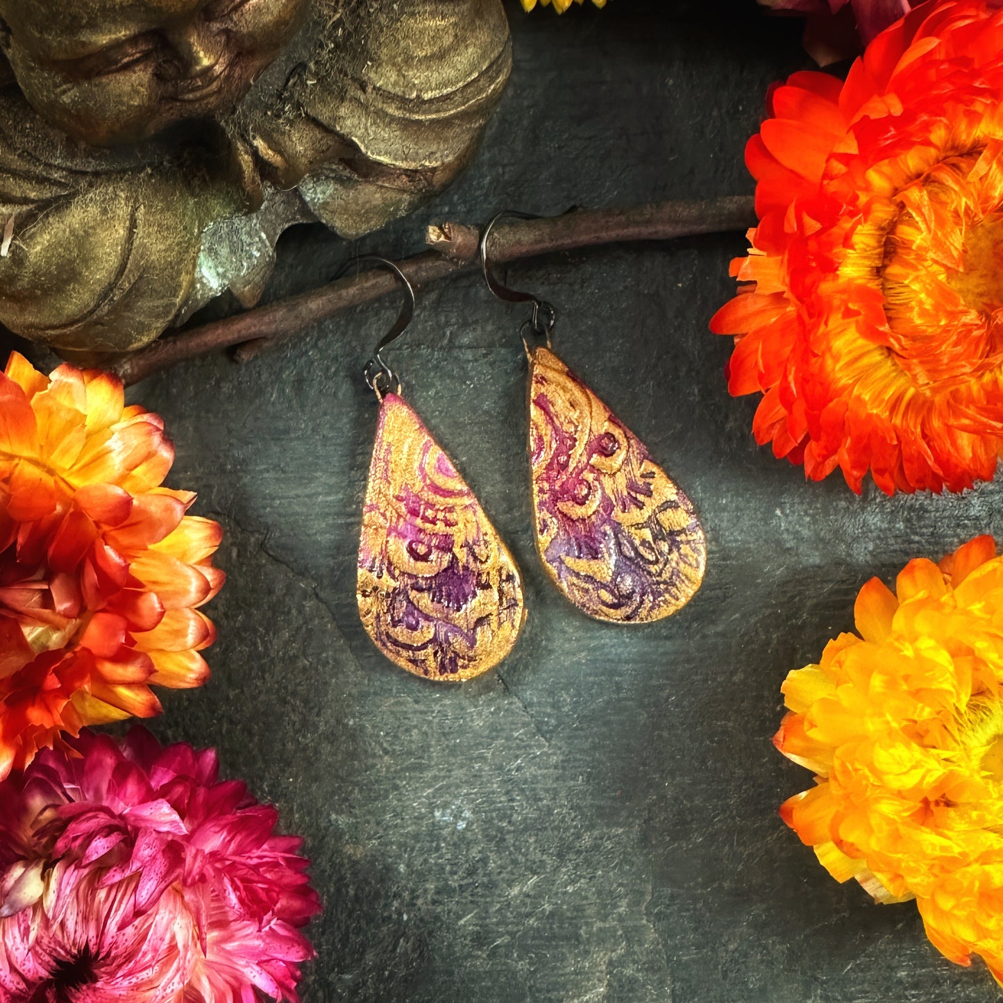 The Estrella - in crimson and amethyst  - handmade ceramic teardrop earrings