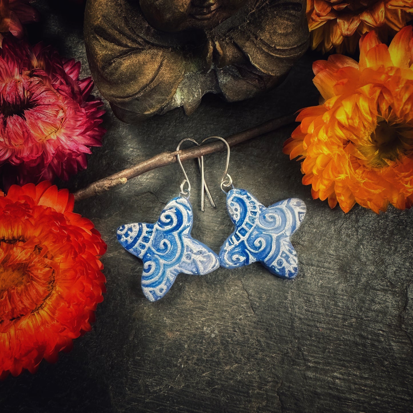 The Aurélie - in cerulean and silver - handmade ceramic quatrefoil earrings