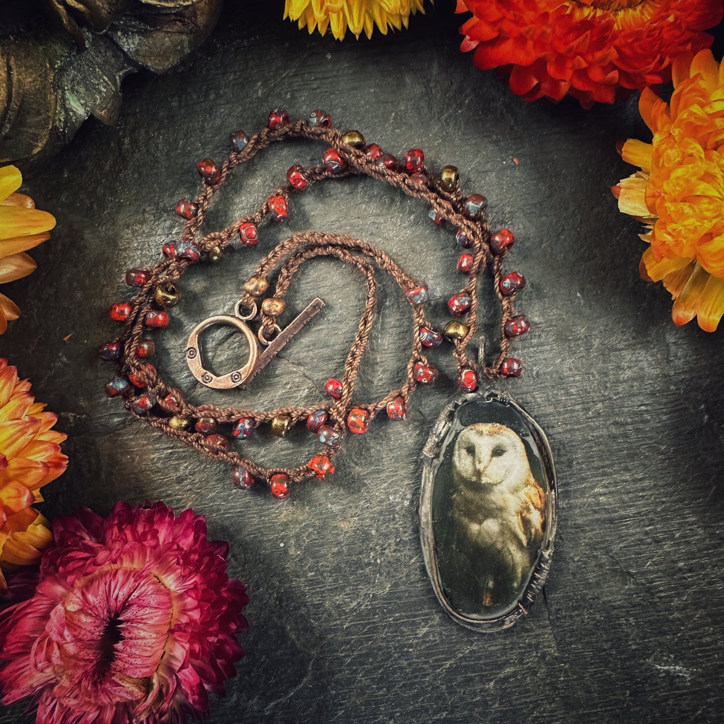 The  Owl - pictorial hand-beaded crochet necklace