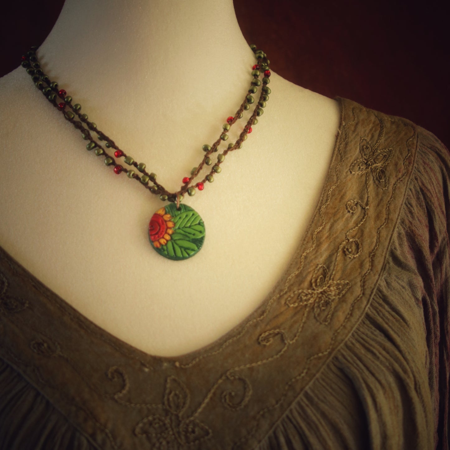 The Amabel - in paprika and leafy green - ceramic and hand-beaded crochet necklace