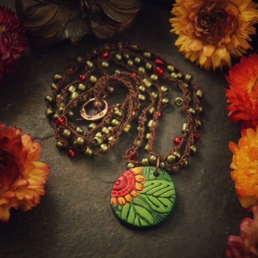 The Amabel - in paprika and leafy green - ceramic and hand-beaded crochet necklace