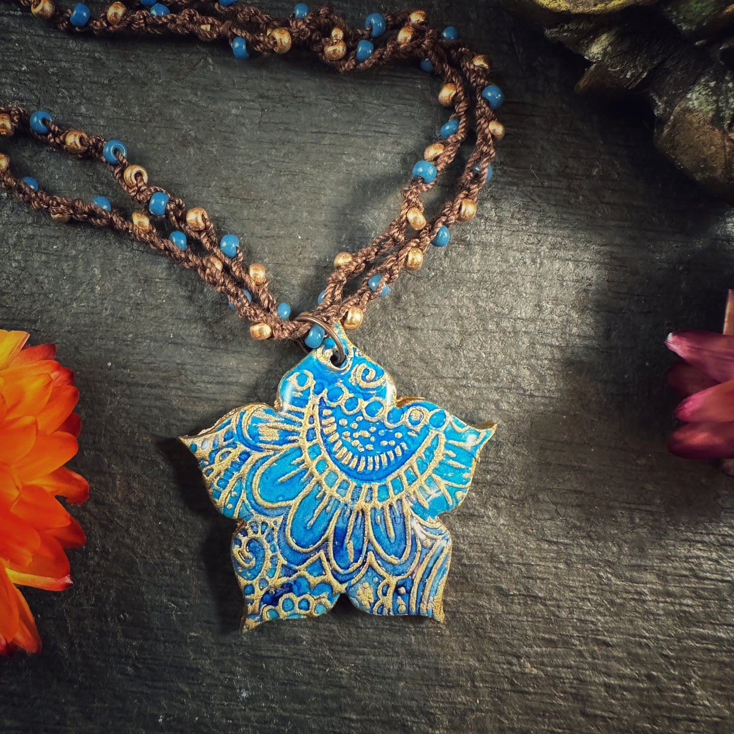 The Thalia - in azure and gold- ceramic and hand-beaded crochet necklace