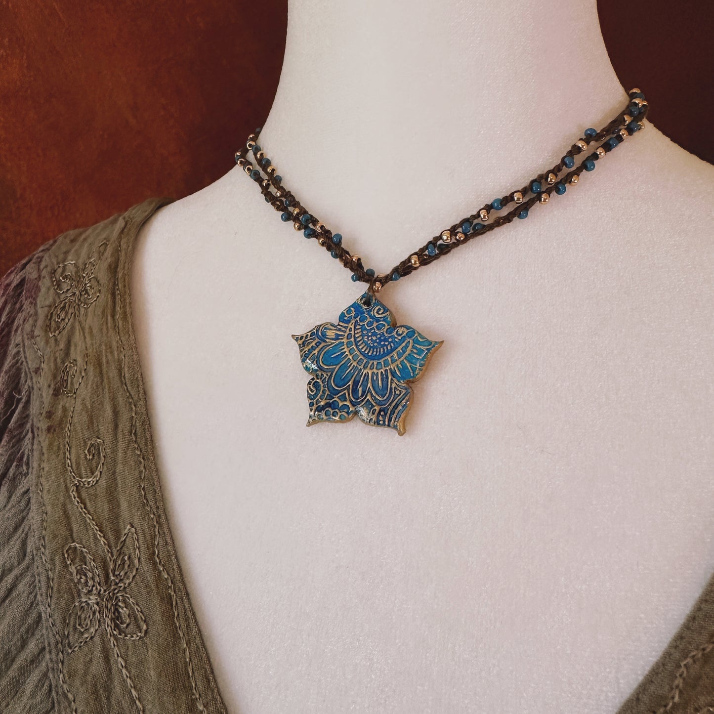 The Thalia - in azure and gold- ceramic and hand-beaded crochet necklace