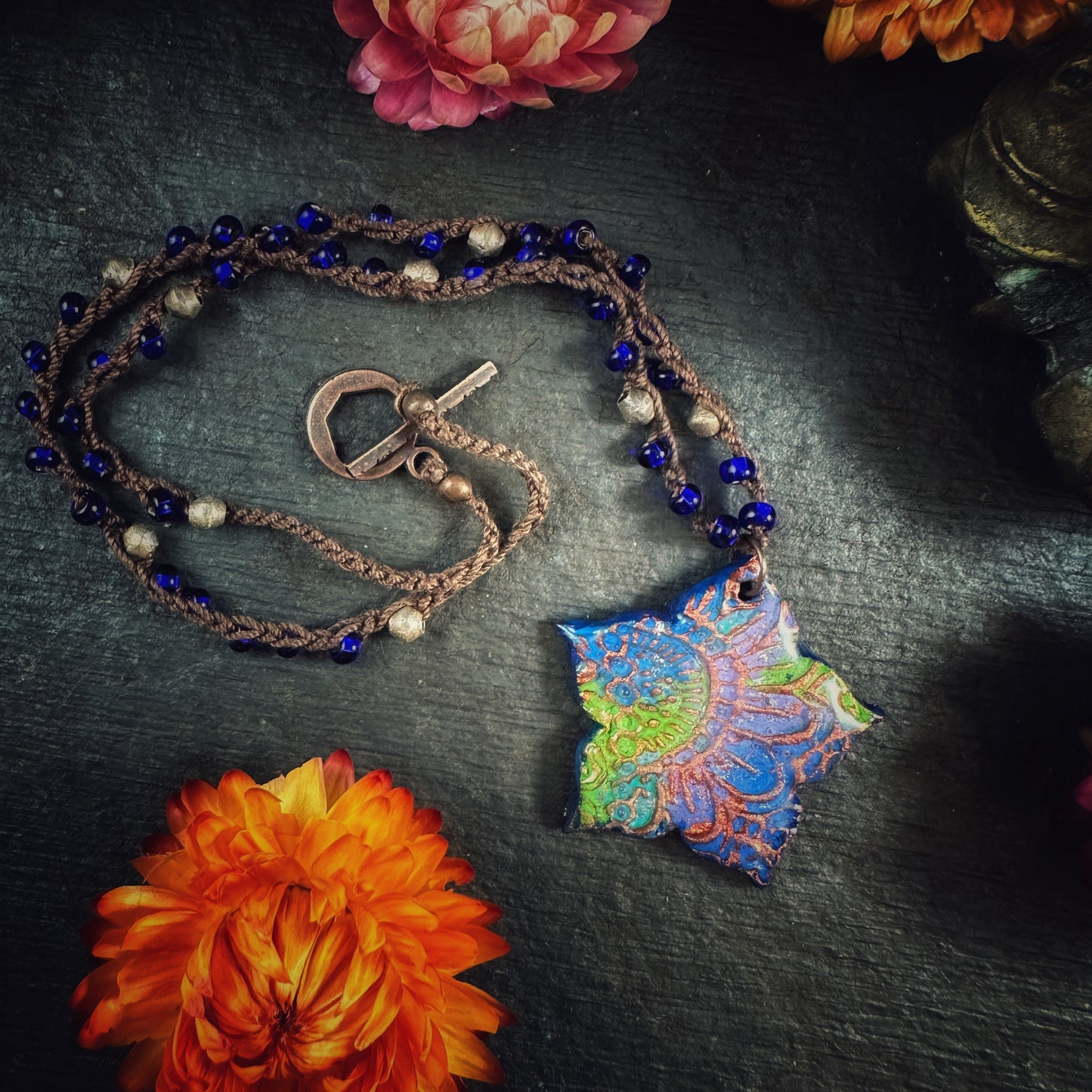 The Thalia - in sapphire and emerald - ceramic and hand-beaded crochet necklace