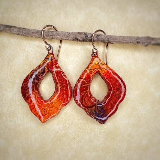 The Jhazala- in cinnabar and paprika - handmade ceramic floral drop earrings